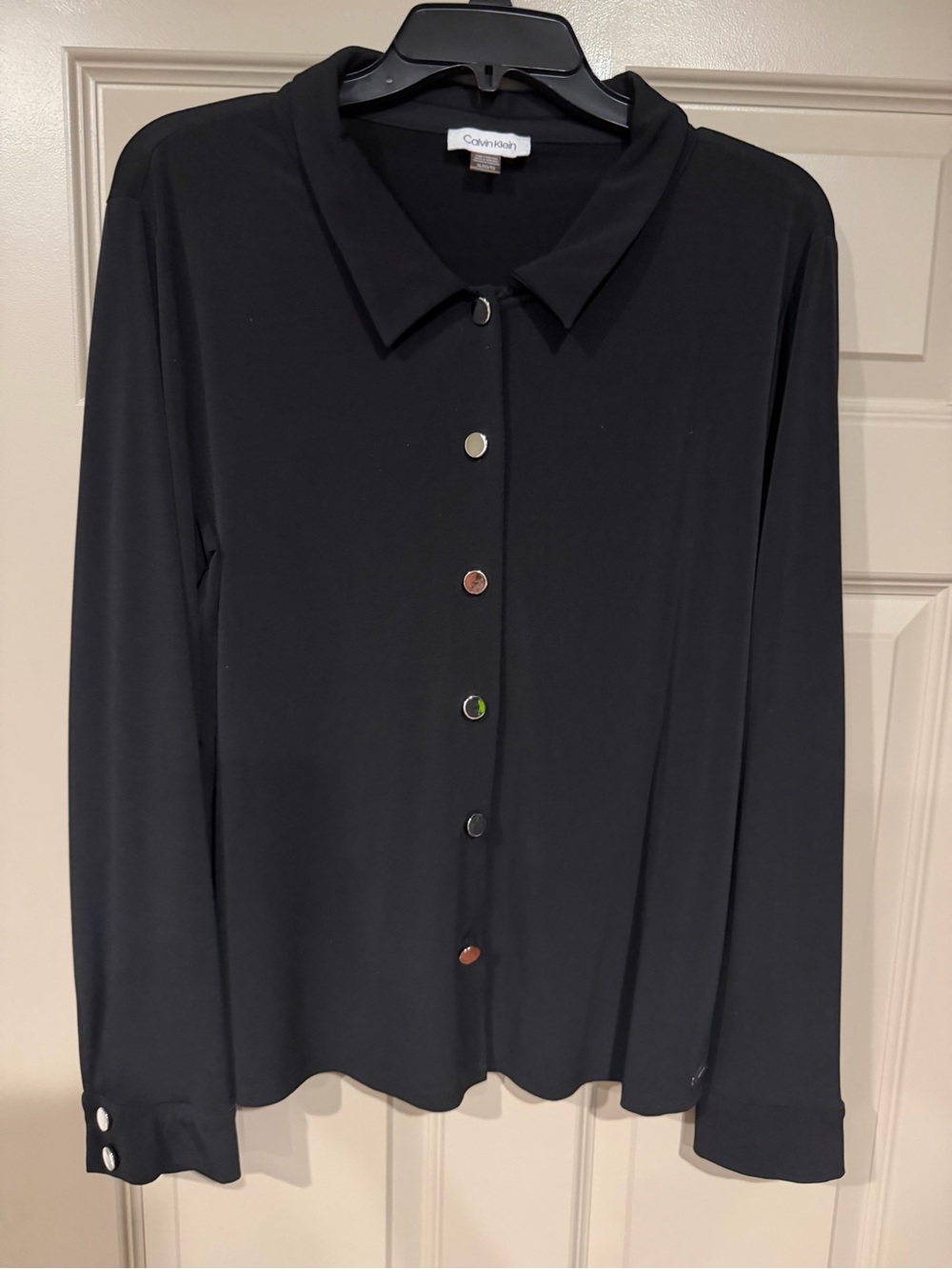 Worn Once. Calvin Klein Black Knit Button-Down Shirt Silver Button Detail